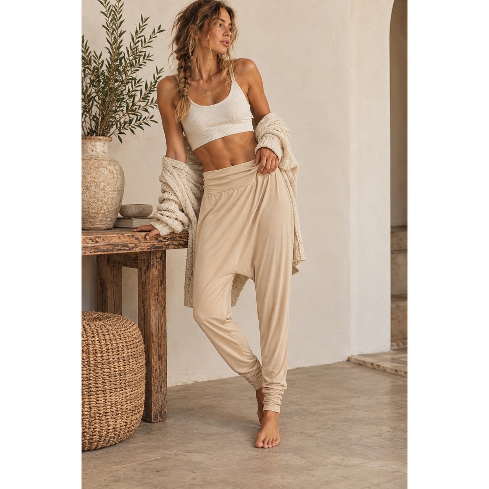 FP Movement Echo Harem Pants M Tan Drop Crotch Ruched Ankle High Waist Boho Chic